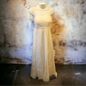 Boutique Strapless Boho SILK Blend Wedding Dress Smocked Tiered Ruffle Skirt M